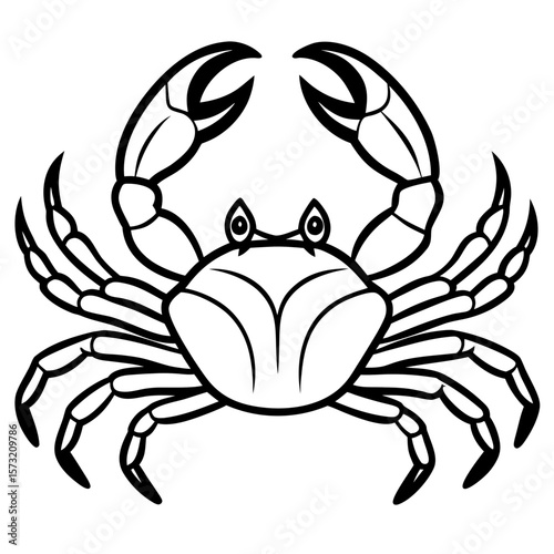 Stylized black and white crab with prominent claws and legs silhouette