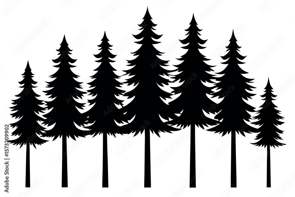 Obraz premium Black Silhouettes of Evergreen Trees – Woodland Conifer Forest Vector Illustration