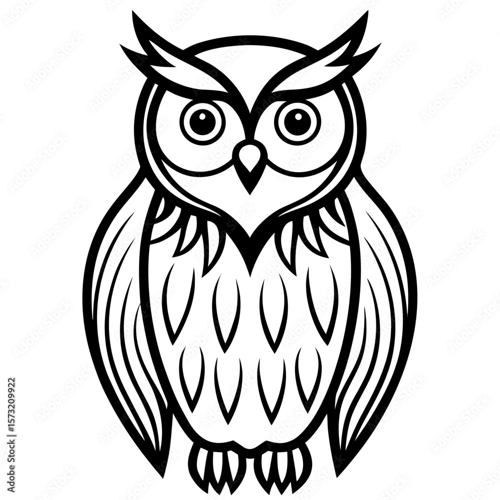 Fototapeta premium Stylized owl with large eyes and feather details silhouette
