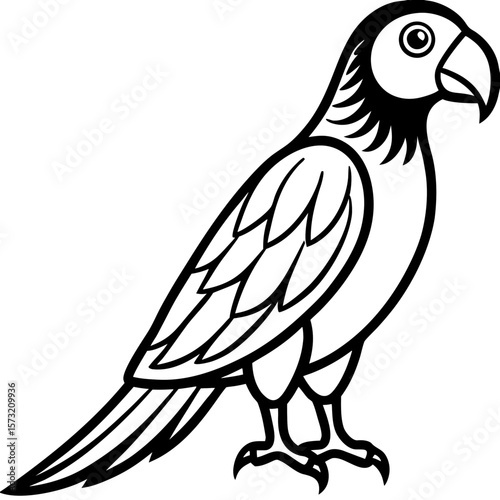 A stylized black and white silhouette of a perched parrot