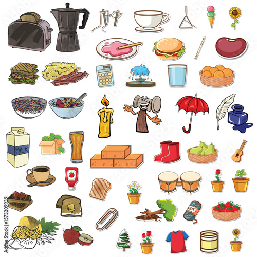 all kitchen things like fruits breads etc