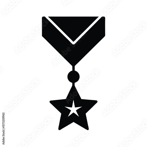 Silhouette of medal with ribbon and star for victory competition and reward branding