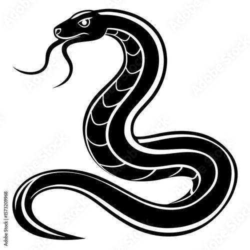 Stylized black cobra snake with forked tongue and white accents silhouette
