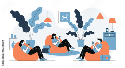 People relax in beanbag chairs at home and use smartphones in a modern living room with indoor plants and minimalist decor