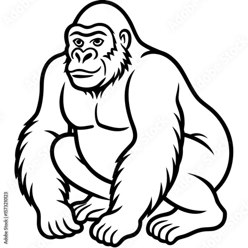 A powerful gorilla sitting calmly in a bold black and white silhouette