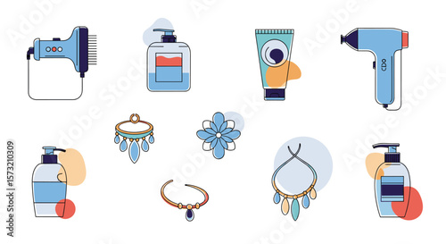 Collection of Modern Accessories and Beauty Products for Hair Styling and Personal Care