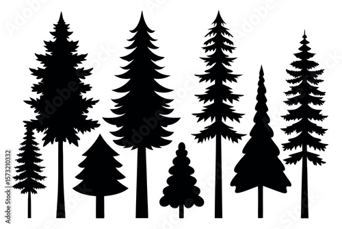 "Evergreen Tree Silhouette Vector Set – Forest Landscape with Pine, Fir, and Spruce Trees