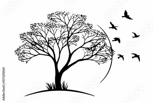 Silhouette of a tree with birds in flight flying nature