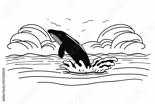 Silhouette of a whale breaching in the ocean water waves