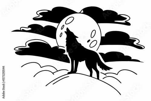 Silhouette wolf howling at full moon with clouds night