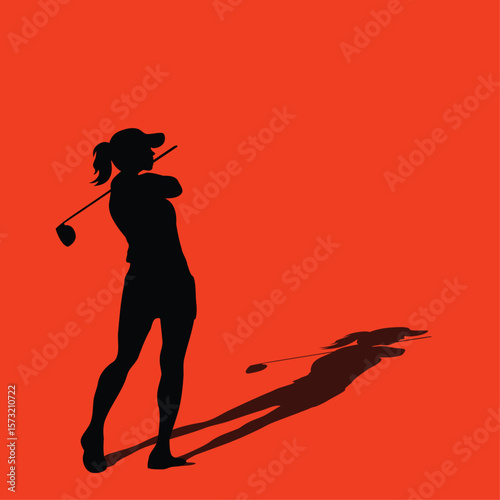 Female golfer silhouette swinging golf club with shadow