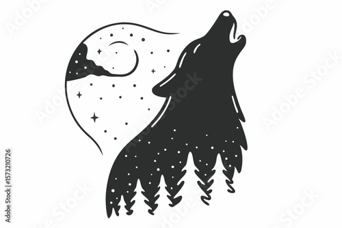 Silhouette of a wolf howling at the moon with stars and trees night