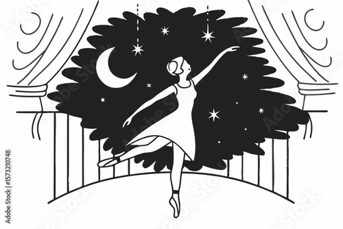 Graceful ballerina dancing under starry night sky ballet performance