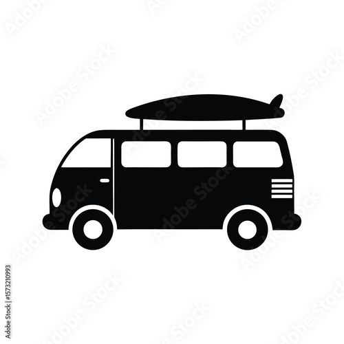 Travel van with surfboard silhouette for road trip beach vacation and adventure concept