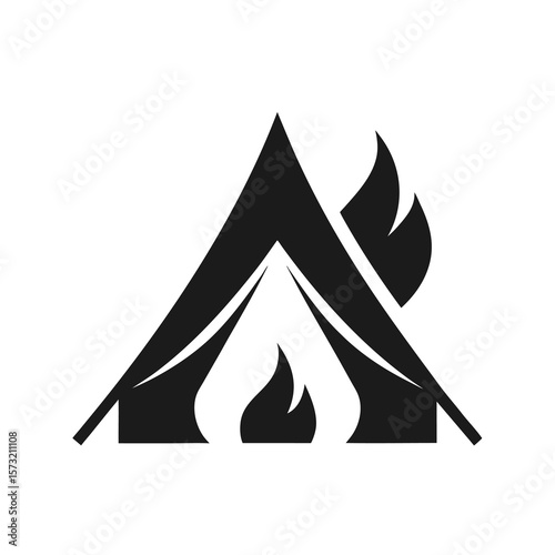 Tent with campfire icon silhouette for camping outdoor adventure and travel lifestyle