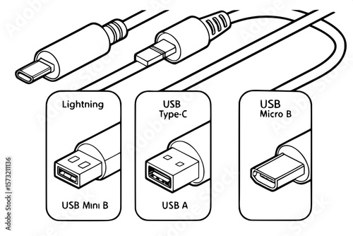 "Flat line drawing of five major cable connector types for mobile and computer devices. Includes Lightning, USB Type-C, USB Micro B, USB Mini B, and USB-A connectors, each drawn with crisp black outli