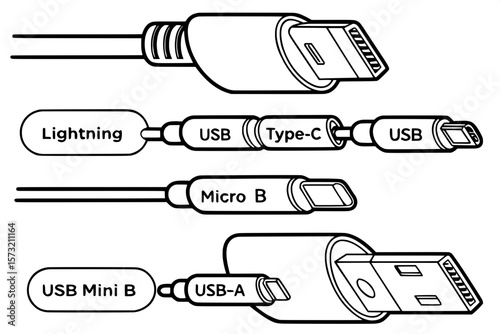 "Flat line drawing of five major cable connector types for mobile and computer devices. Includes Lightning, USB Type-C, USB Micro B, USB Mini B, and USB-A connectors, each drawn with crisp black outli
