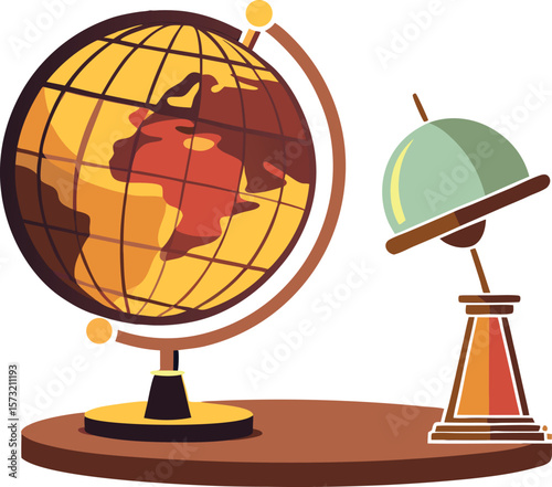 Vintage globe and scientific instrument on wooden surface