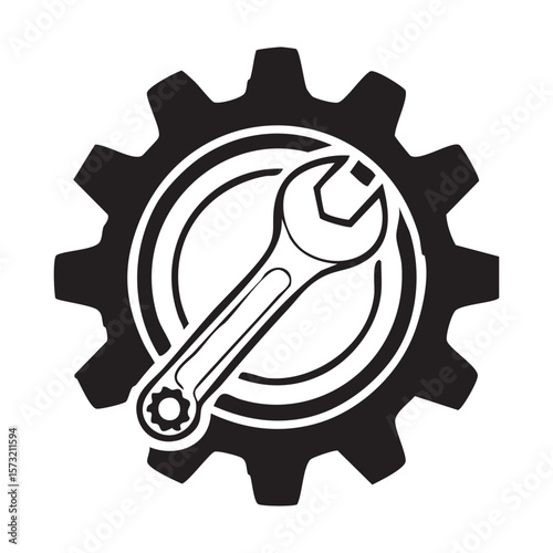 Wrench and Gear:A wrench overlapping with gear in drawing.