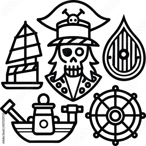 A festive set of Christmas pirate icons with a playful cartoon illustration of a pirate ship and jolly pirate, greeting, anchor, hat, snow, red, green, skull