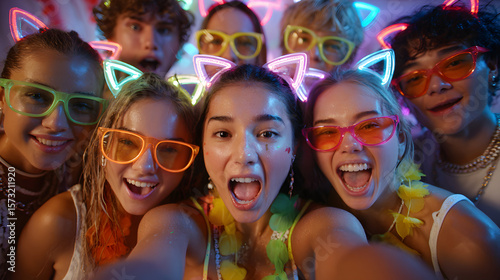 Diverse group of young people taking a selfie with fun cat ear filters and neon sunglasses, expressing digital youth culture and augmented reality fun