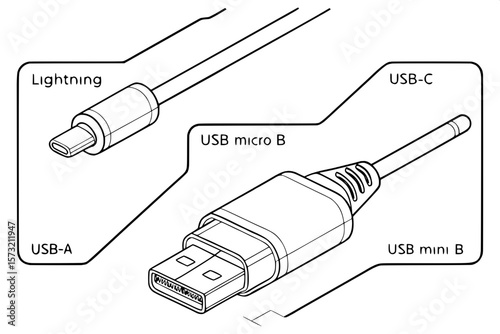 "A technical reference chart of digital connectors, drawn in schematic style. Features labeled outlines of Lightning, USB-C, USB Micro B, USB Mini B, and USB-A connectors. The illustration is purely d