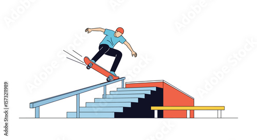 Skateboarder performing a trick on a rail and stairs in a skatepark with a bench nearby for spectators or resting