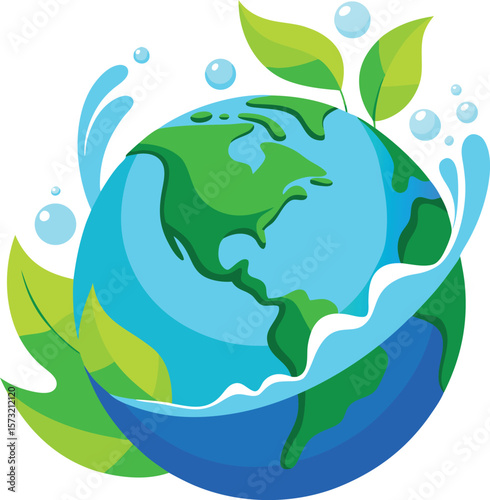 Stylized earth with water and leaves representing nature and purity