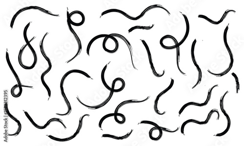 Brush line stroke squiggly paint set on chalkboard. Hand drawn doodle swirl wave brush curly charcoal stroke. Line squiggly paint curly hand drawn ink calligraphy elements. Vector illustration. 