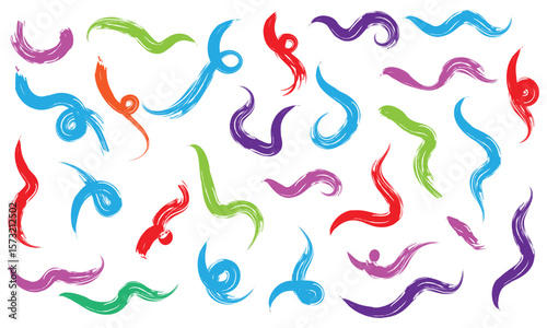 Brush line stroke squiggly paint set on chalkboard. Hand drawn doodle swirl wave brush curly charcoal stroke. Line squiggly paint curly hand drawn ink calligraphy elements. Vector illustration. 
