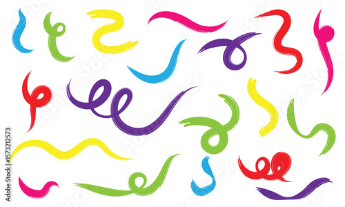 Brush line stroke squiggly paint set on chalkboard. Hand drawn doodle swirl wave brush curly charcoal stroke. Line squiggly paint curly hand drawn ink calligraphy elements. Vector illustration. 