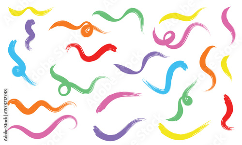 Brush line stroke squiggly paint set on chalkboard. Hand drawn doodle swirl wave brush curly charcoal stroke. Line squiggly paint curly hand drawn ink calligraphy elements. Vector illustration. 