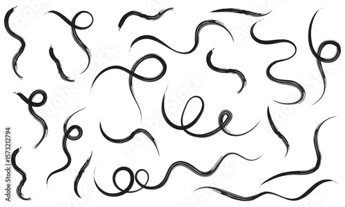 Brush line stroke squiggly paint set on chalkboard. Hand drawn doodle swirl wave brush curly charcoal stroke. Line squiggly paint curly hand drawn ink calligraphy elements. Vector illustration. 