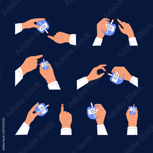 Blood glucose test. Cartoon hands hold glucometer, measure sugar level by finger stick. Diabetes monitoring and analysis device vector concept illustration. Glucose level or sugar test control.