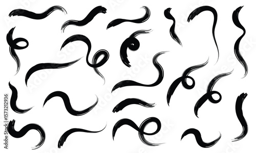 Brush line stroke squiggly paint set on chalkboard. Hand drawn doodle swirl wave brush curly charcoal stroke. Line squiggly paint curly hand drawn ink calligraphy elements. Vector illustration. 
