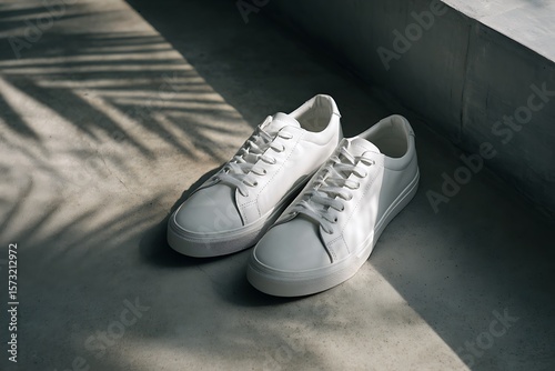 Clean white leather sneakers with subtle shadow play on a textured concrete surface