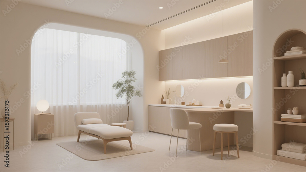 Fototapeta premium A serene, minimalist spa interior featuring neutral tones and elegant design.