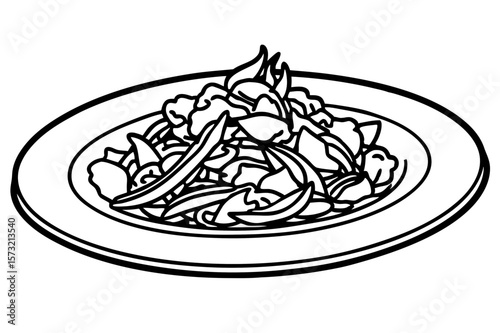 Stir fried dish with green beans and meat on a plate stir fry food