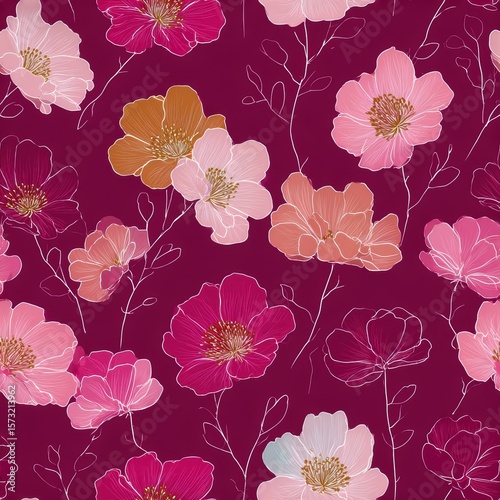 Vibrant Floral Pattern with Delicate Flowers on Deep Purple Background
