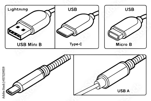 "Simple black line art showing a row of common connector types for electronic devices: Lightning, USB Type-C, USB Micro B, USB Mini B, and USB-A. Each connector is outlined with precision, labeled, an