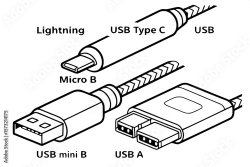 "Simple black line art showing a row of common connector types for electronic devices: Lightning, USB Type-C, USB Micro B, USB Mini B, and USB-A. Each connector is outlined with precision, labeled, an