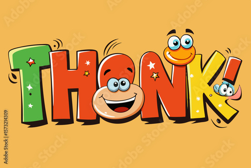 Cartoon thank you text with funny characters vector