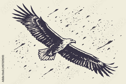 Majestic eagle in flight with scattered paint splatters bird wings