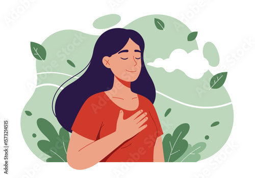 A serene woman with closed eyes and her hand on her chest exhales deeply, finding peace amidst a calming natural green environment.