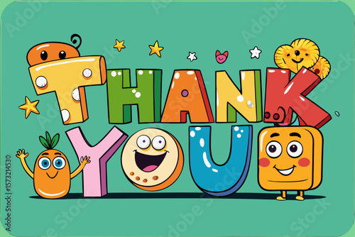 Cheerful cartoon thank you message with playful characters vector