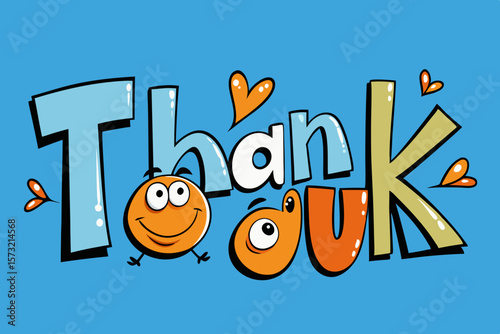 Cheerful cartoon thank you message with playful characters illustration text