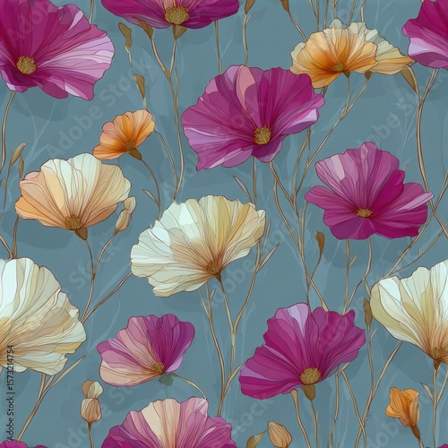 Beautiful Floral Pattern with Colorful Flowers on Soft Blue Background