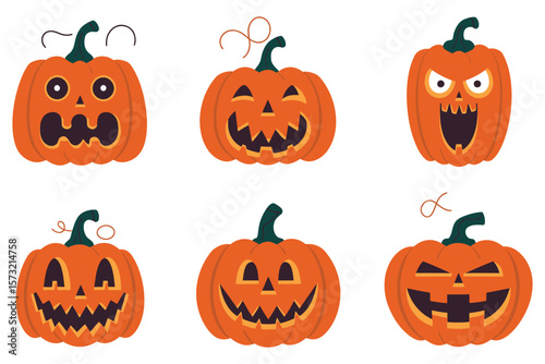 Halloween jack lantern pumpkin icons, scary cartoon faces on white background for festive designs
