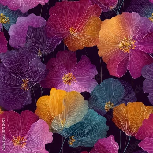 Colorful Floral Pattern with Vibrant Blossoms on Dark Background