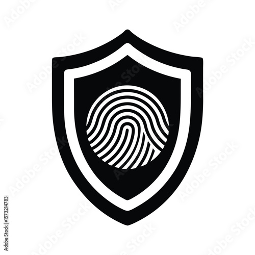 Fingerprint inside shield silhouette for digital security protection and identity safety
